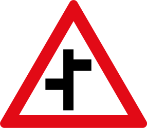 Warning for a crossroad where the roads are not opposite to each other.