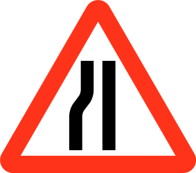 Aviso de estreitamento de estrada à esquerda.