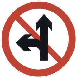 Geradeaus fahren oder links abbiegen verboten.