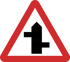 Warning for a crossroad where the roads are not opposite to each other.