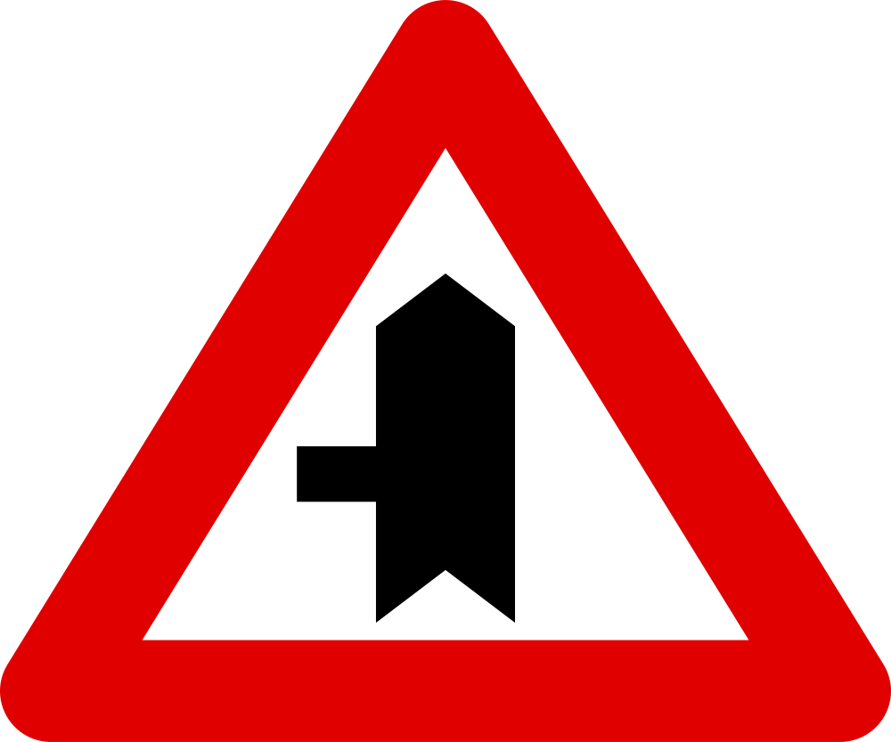 Warning for a crossroad with a side road on the left.