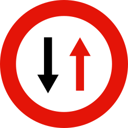 Road narrowing, give way to oncoming drivers.