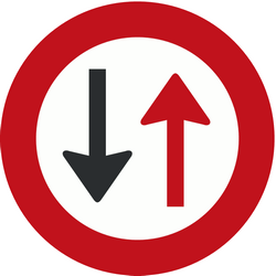 Road narrowing, give way to oncoming drivers.