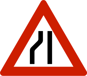 Warning for a road narrowing on the left.
