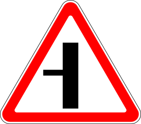 Warning for a crossroad with a side road on the left.
