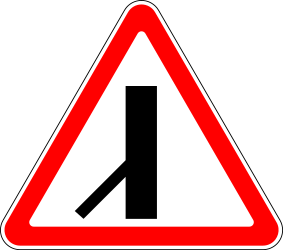Warning for a crossroad with a sharp side road on the left.