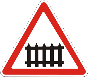 Warning for a railroad crossing with barriers.