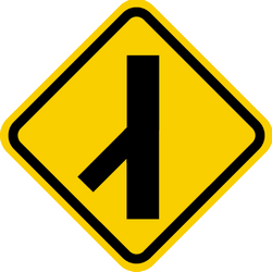 Warning for an uncontrolled crossroad with a sharp road from the left.