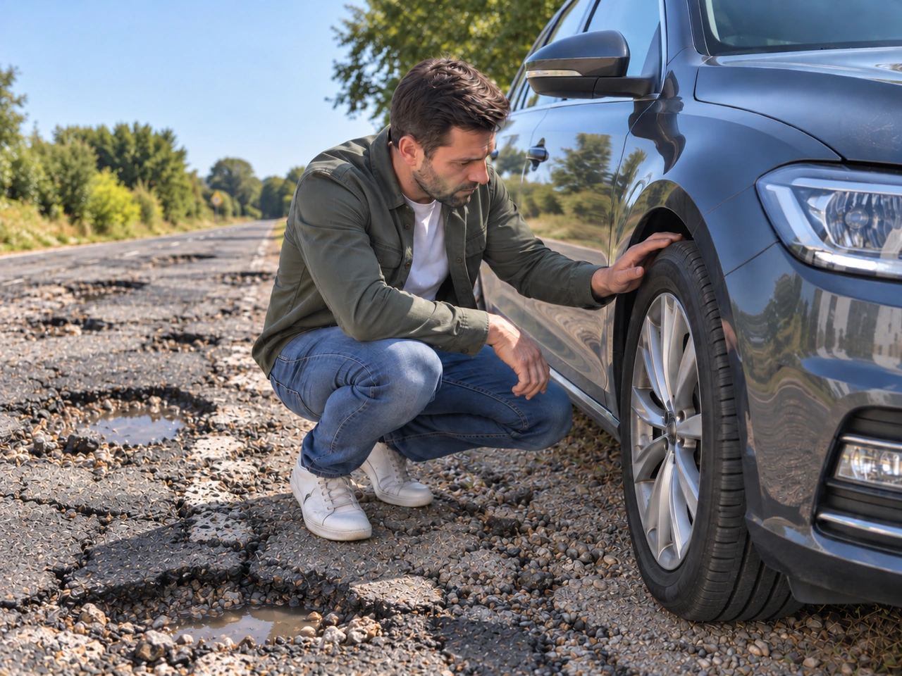 What should you do after hitting a deep pothole hard?