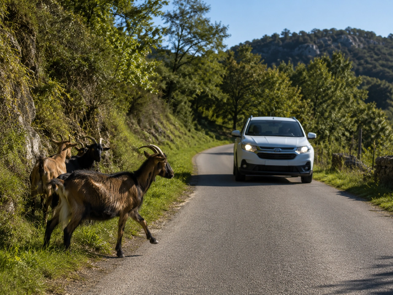 What should you do if animals are gathered beside a narrow rural road?