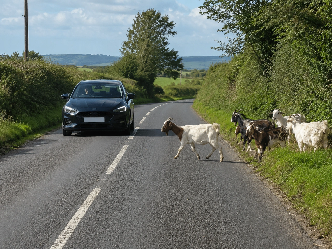 What should you do if animals are gathered beside a narrow rural road?