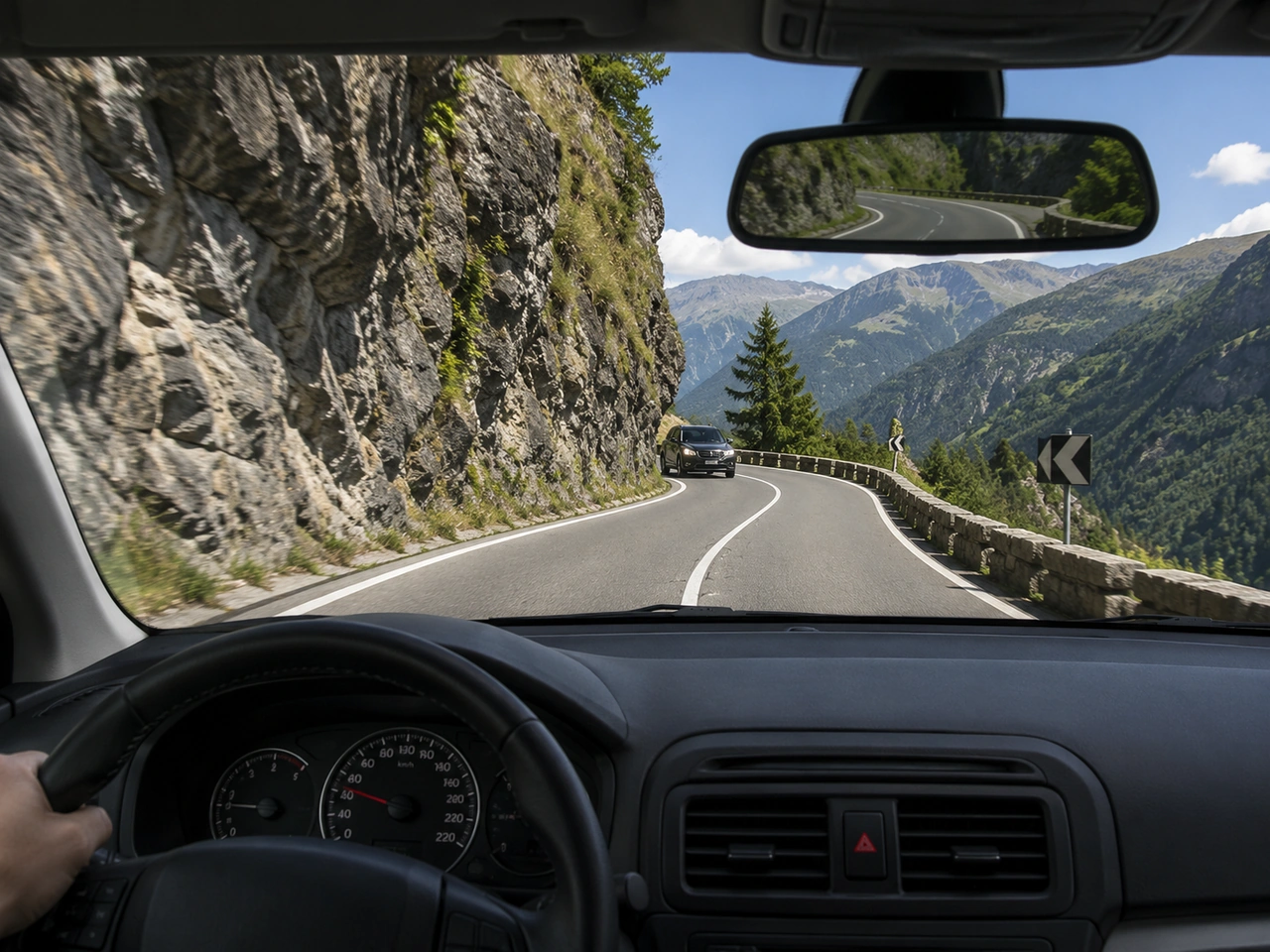 How should you approach a sharp bend on a mountain road?