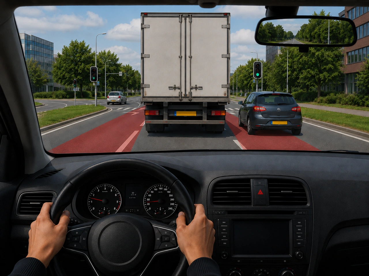 Why should you avoid stopping in a blind spot of a large vehicle?