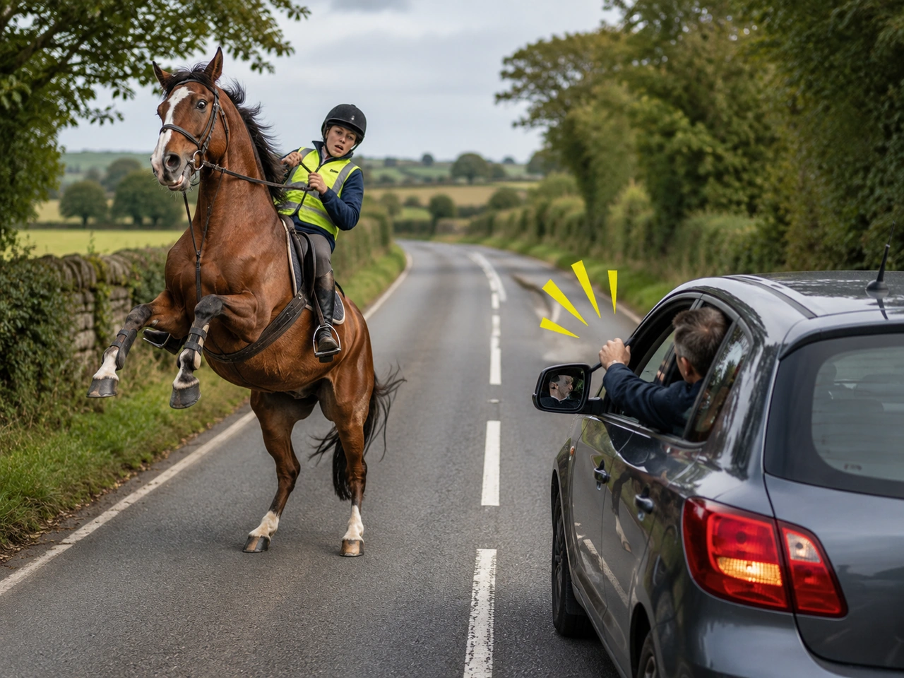 Why should you avoid sounding the horn near horses?