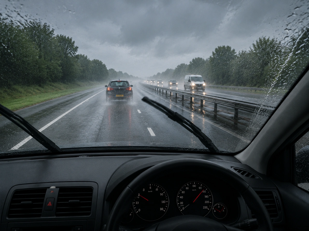 What should you do when driving through heavy rain?