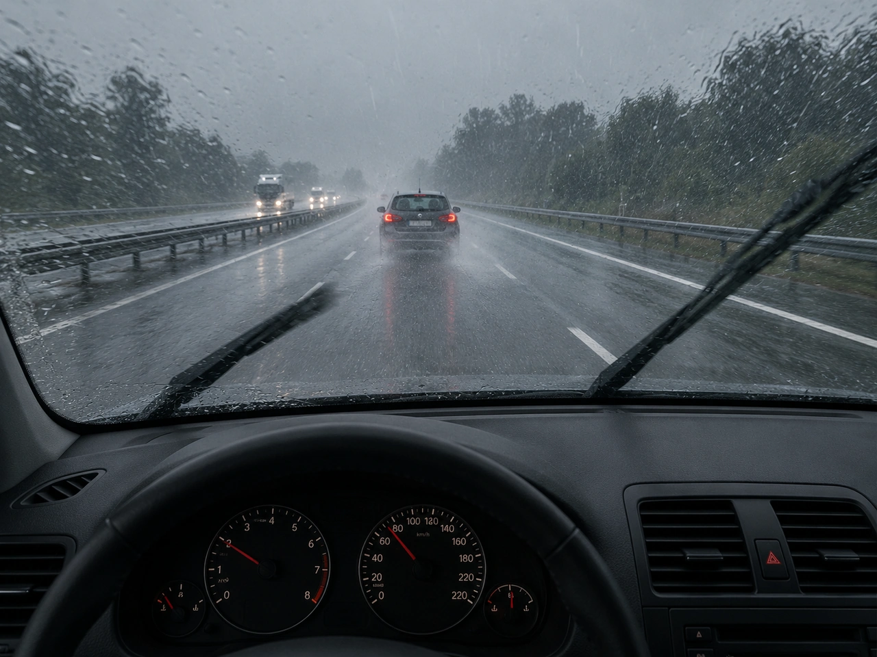 What should you do when driving through heavy rain?