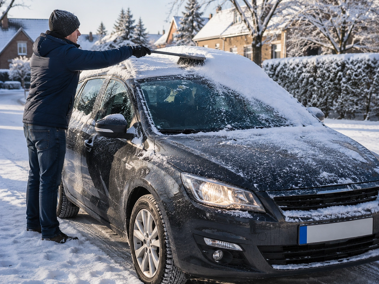 What should you do before driving if snow or ice covers your vehicle?