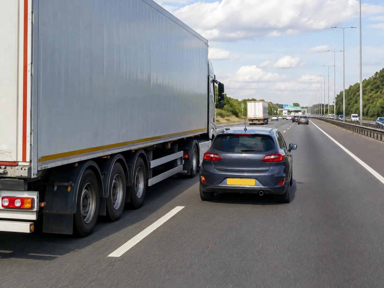 Why should you avoid remaining beside a large vehicle on a motorway?