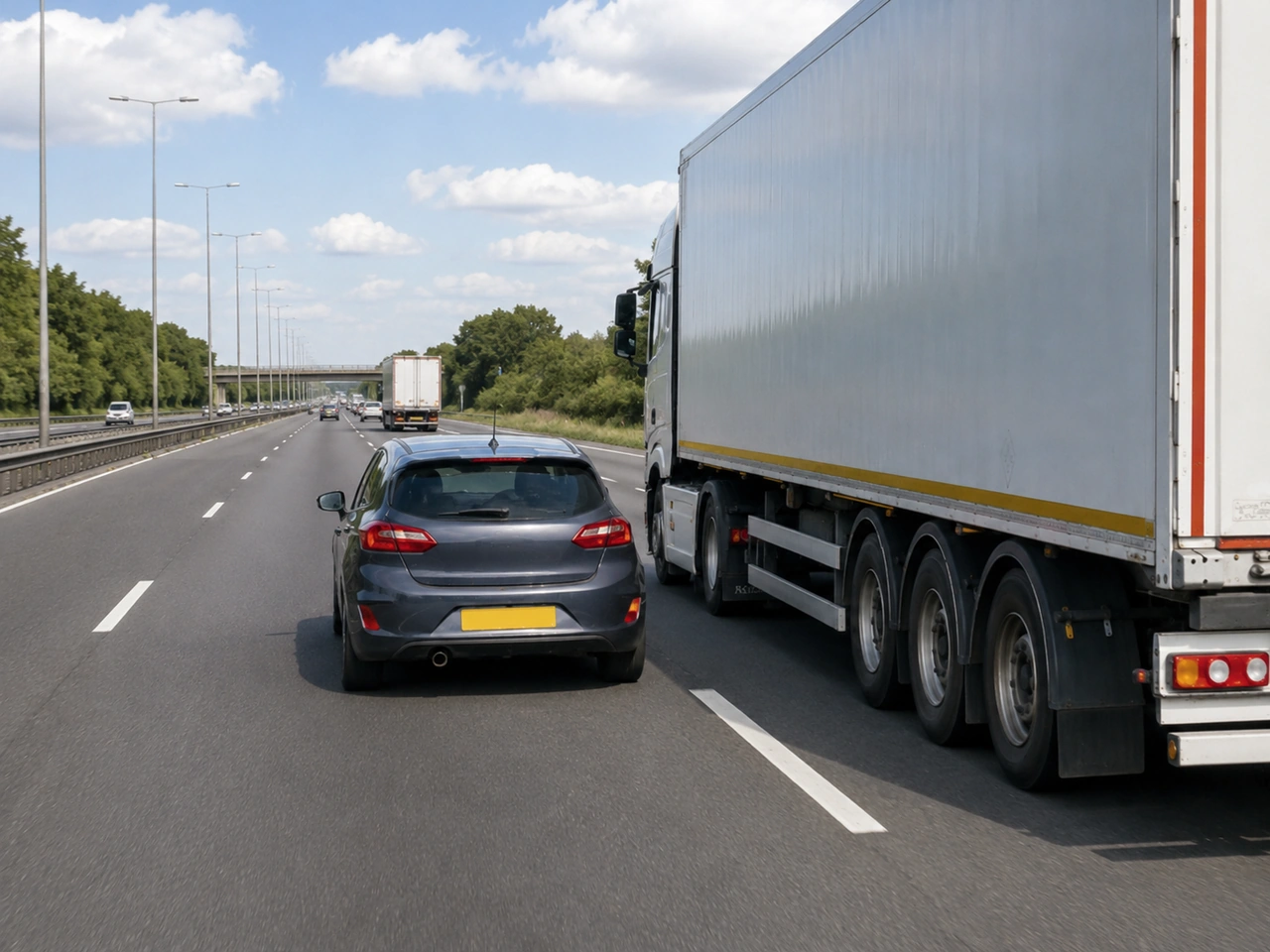 Why should you avoid remaining beside a large vehicle on a motorway?