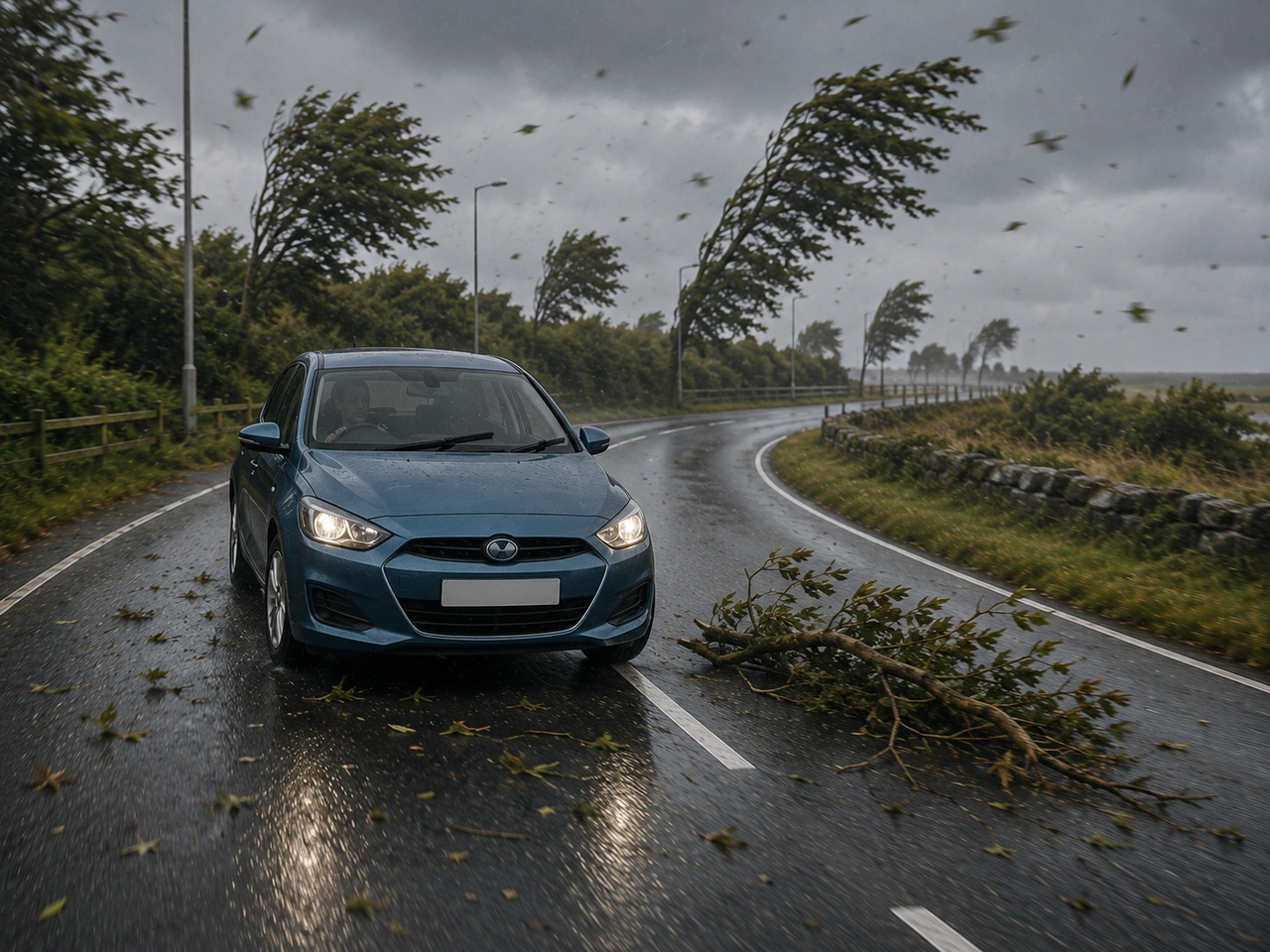What should you do when branches or debris are blowing onto the road?