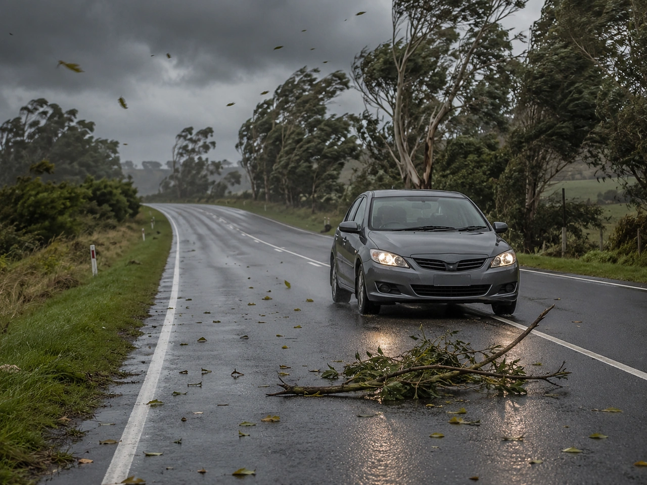 What should you do when branches or debris are blowing onto the road?