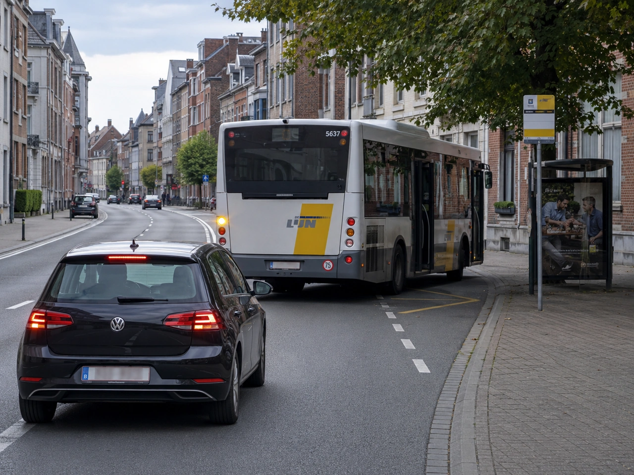 What should you do when a bus signals that it is leaving a stop inside a built-up area?
