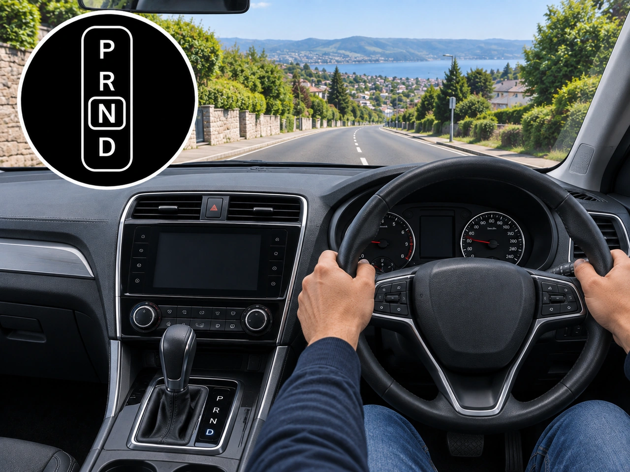 Why should you avoid selecting N while driving downhill in an automatic vehicle?