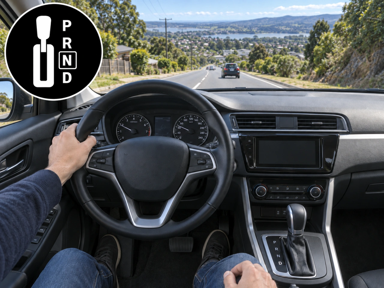 Why should you avoid selecting N while driving downhill in an automatic vehicle?