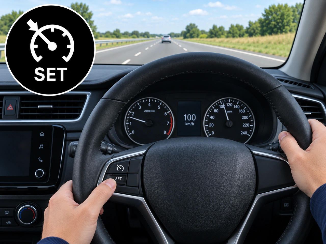 What does the SET function of cruise control normally do?