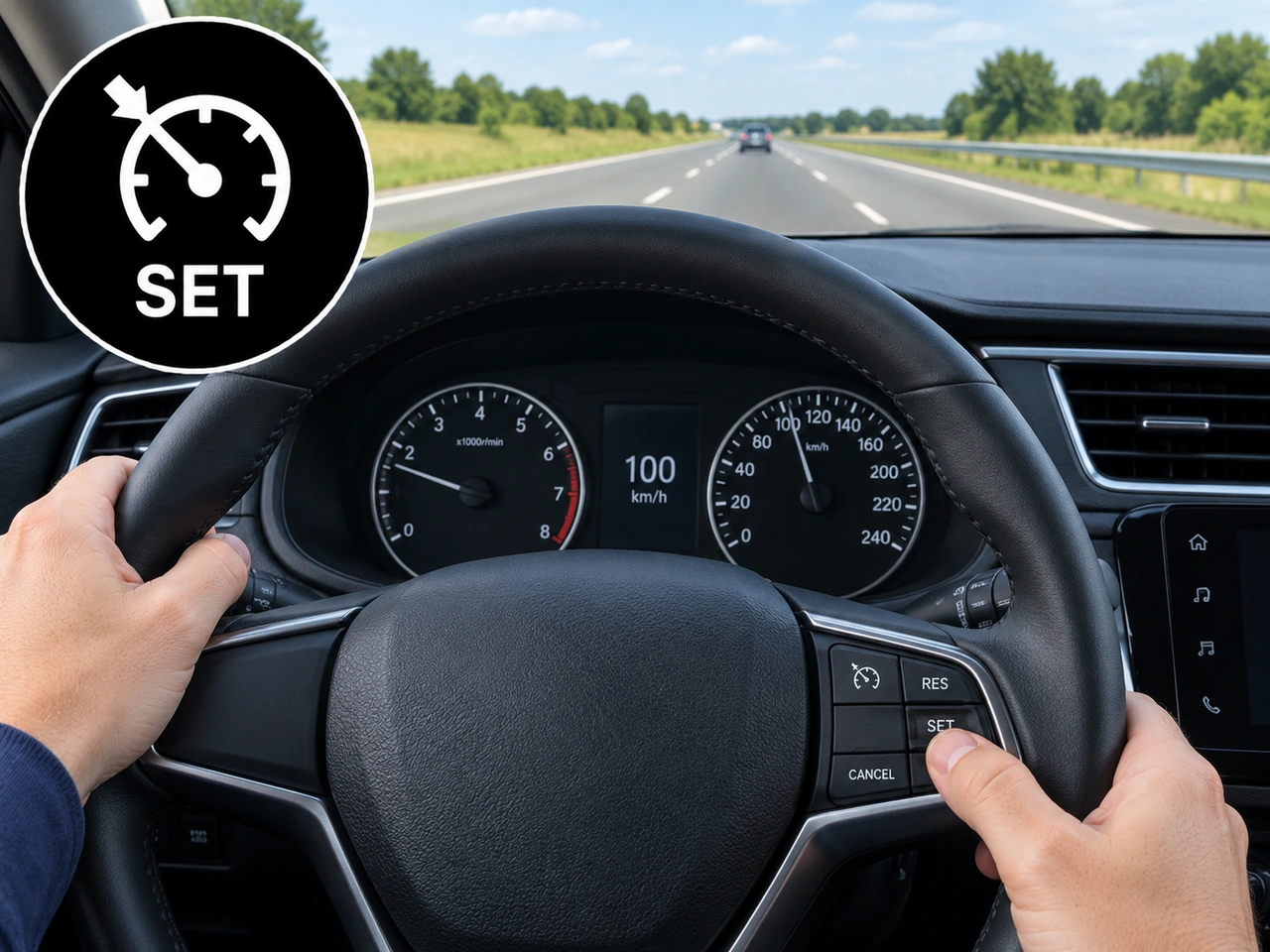 What does the SET function of cruise control normally do?