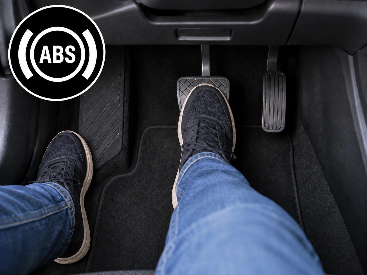How should you use the brake pedal during emergency braking in a vehicle with ABS?