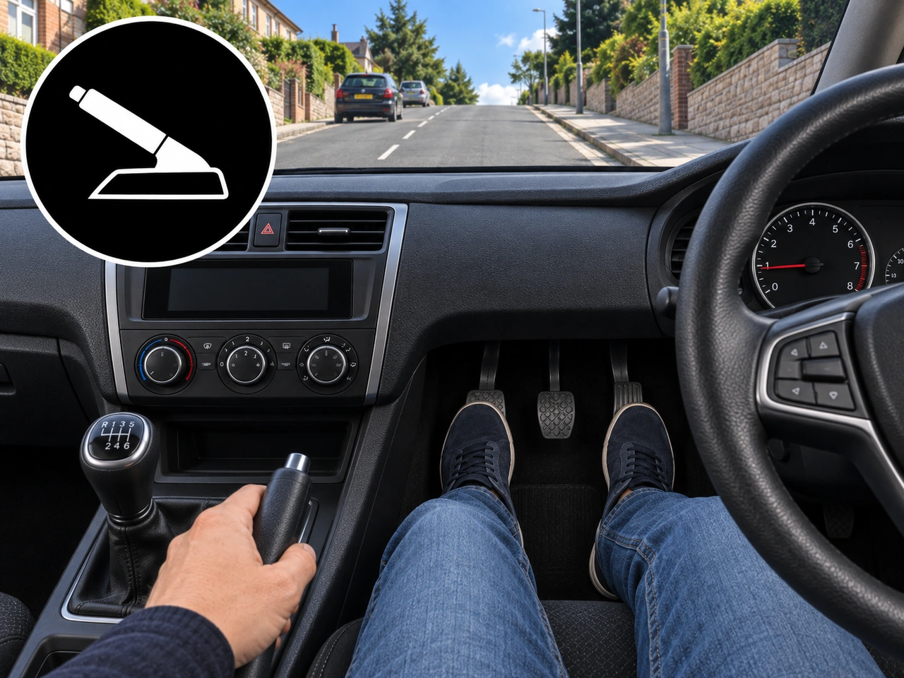 How can the parking brake help when moving off uphill?