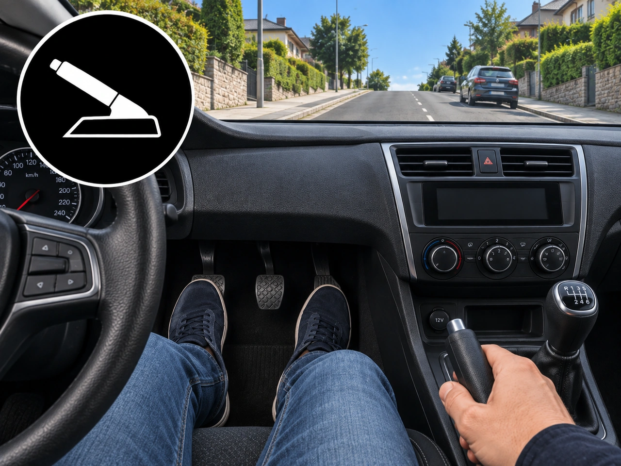 How can the parking brake help when moving off uphill?