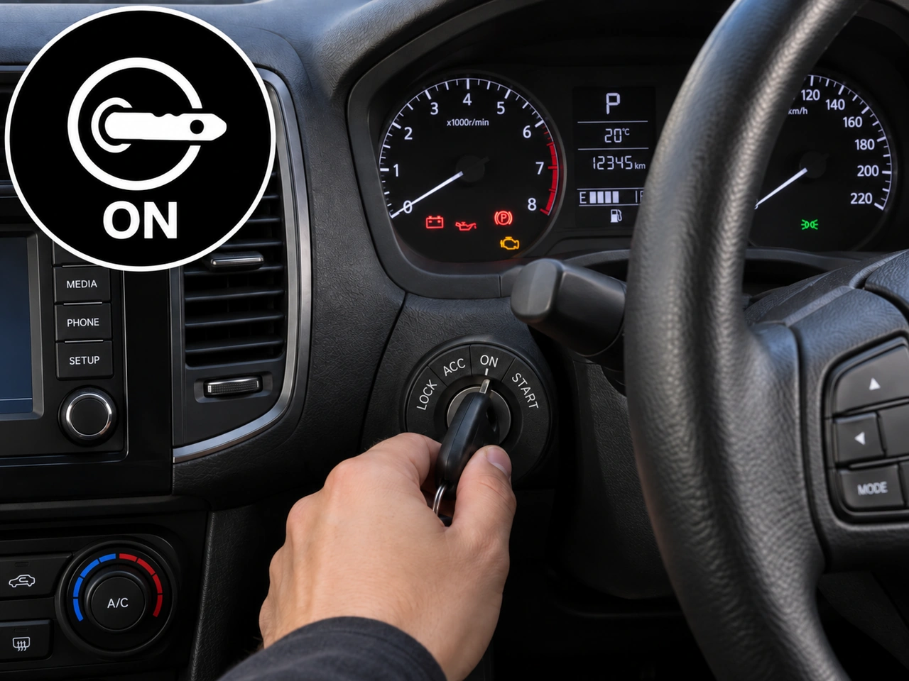 What does the ON position of a traditional ignition switch normally do?