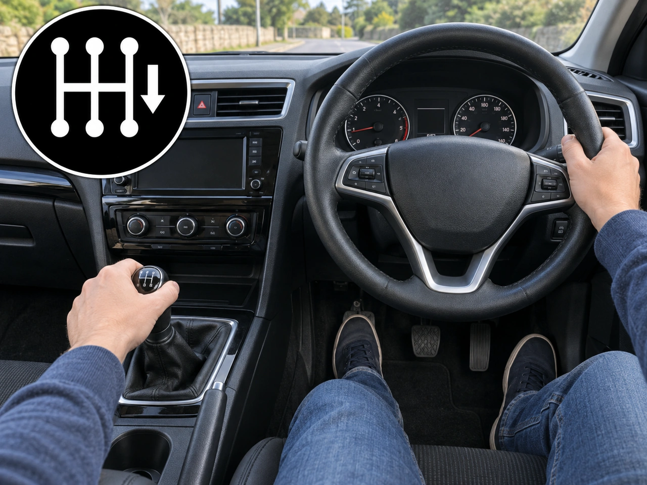 What should you consider before selecting a lower gear in a manual vehicle?