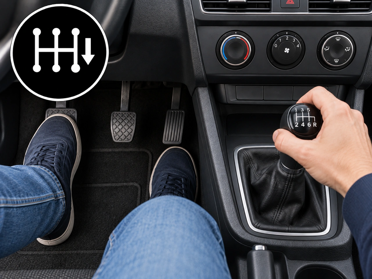 What should you consider before selecting a lower gear in a manual vehicle?