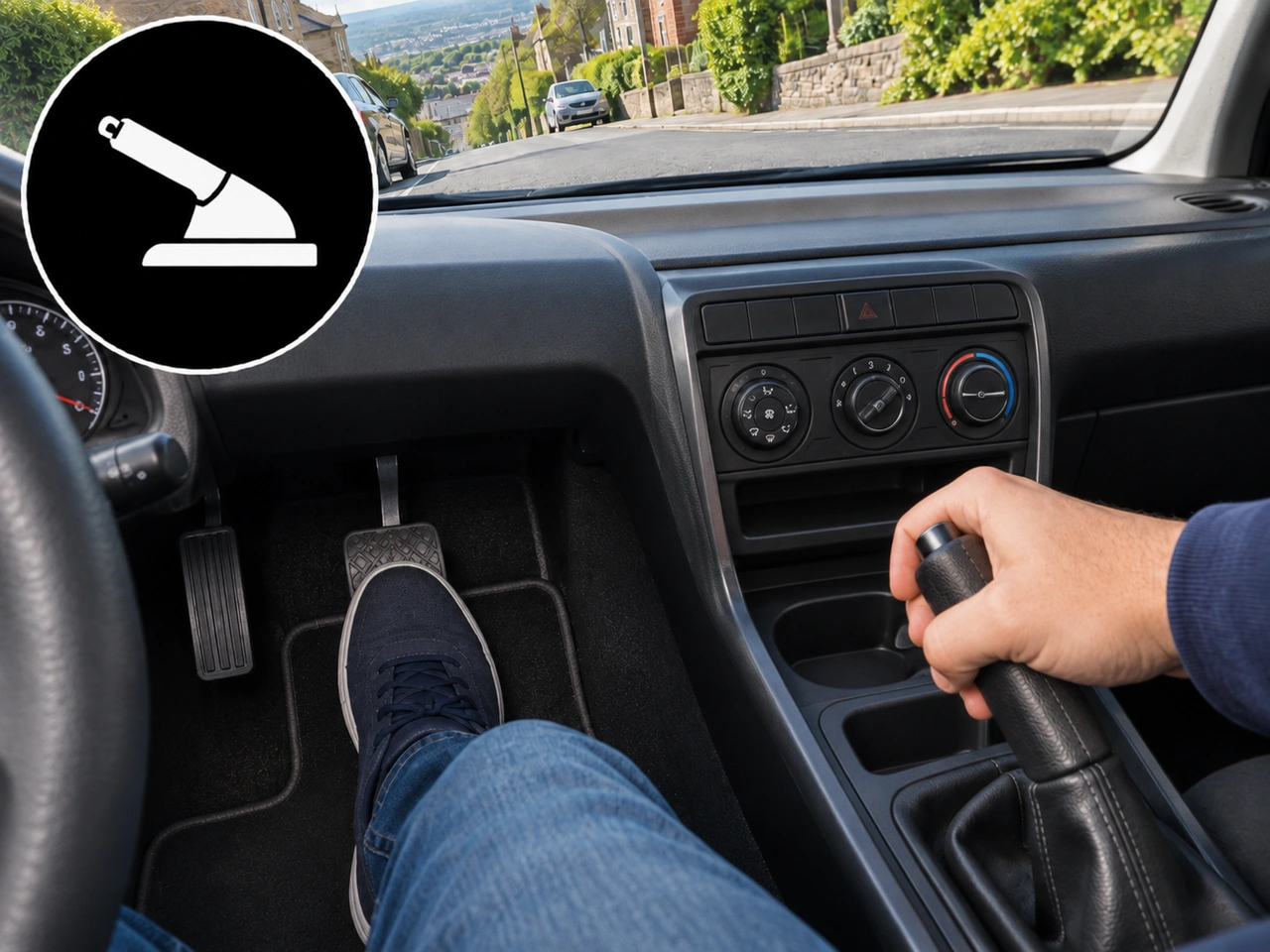 What should you do before releasing the parking brake on a slope?