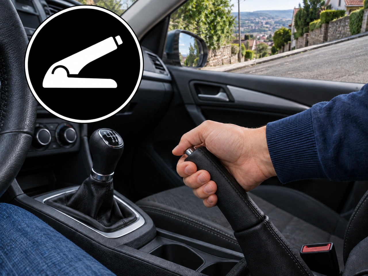 What should you do with the parking brake when parking on a slope?