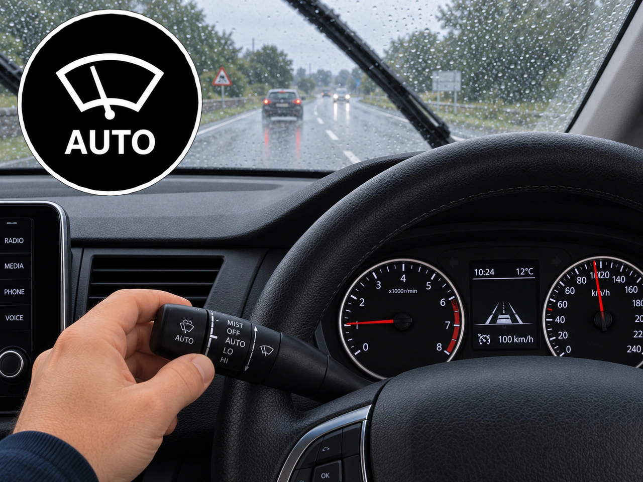 What does AUTO on a windscreen-wiper control normally do?
