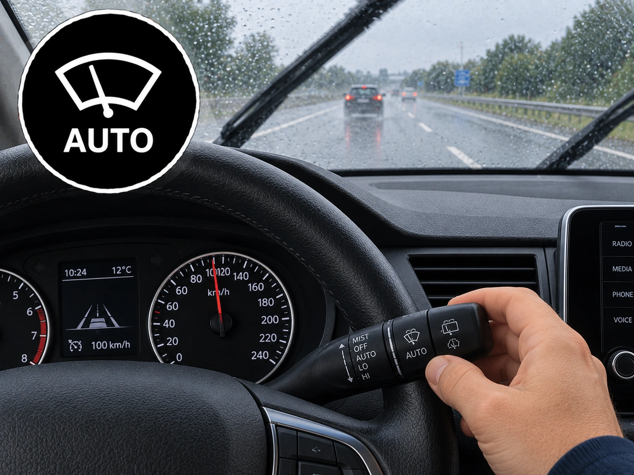 What does AUTO on a windscreen-wiper control normally do?