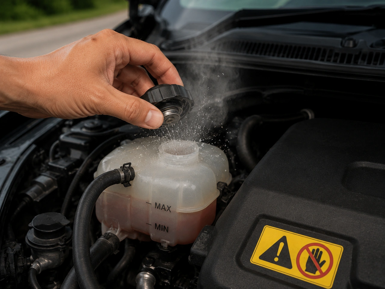 Why should you avoid removing the coolant cap while the engine is hot?