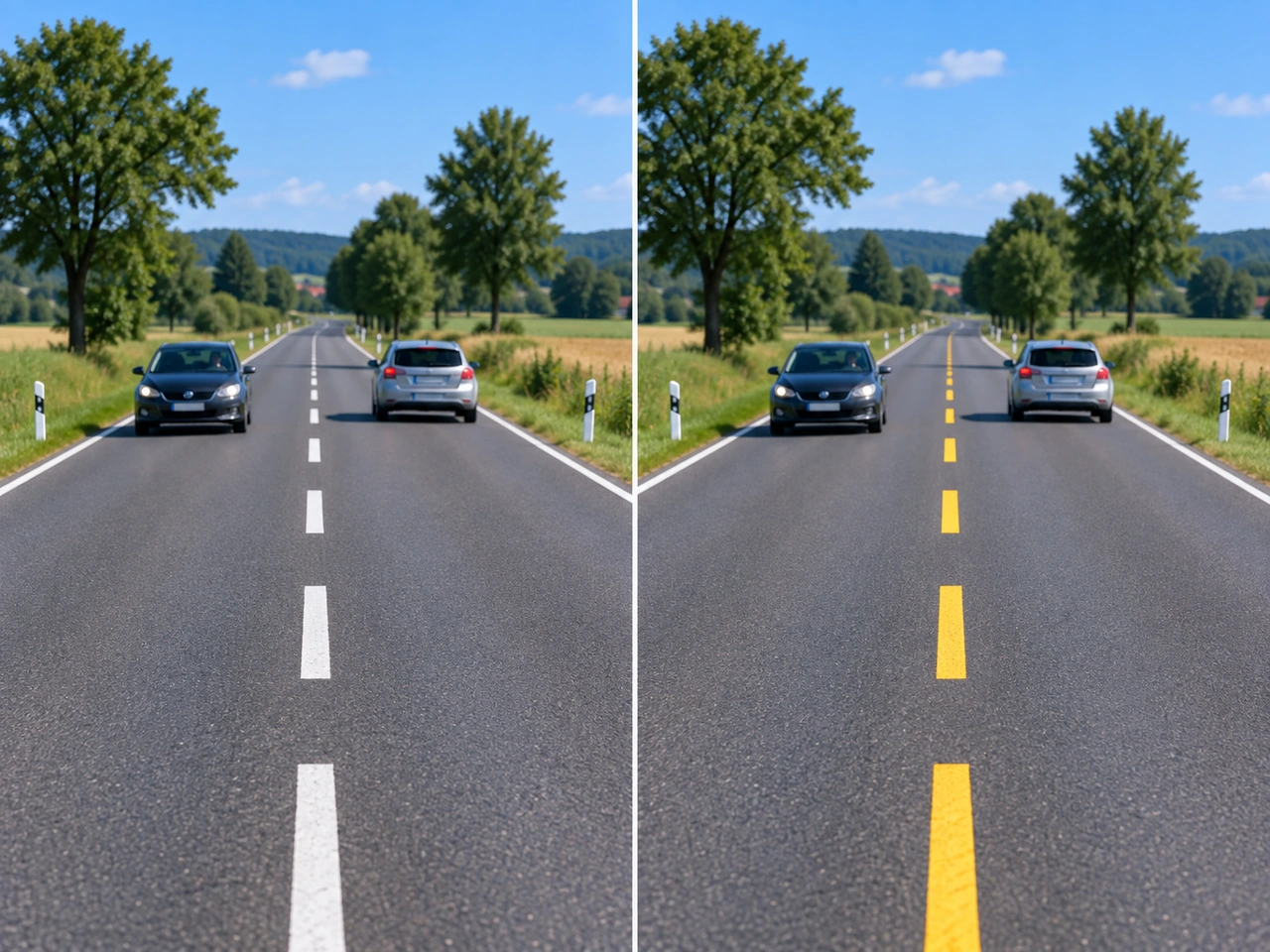 What colour is normally used for the centre line separating opposing traffic in Peru?