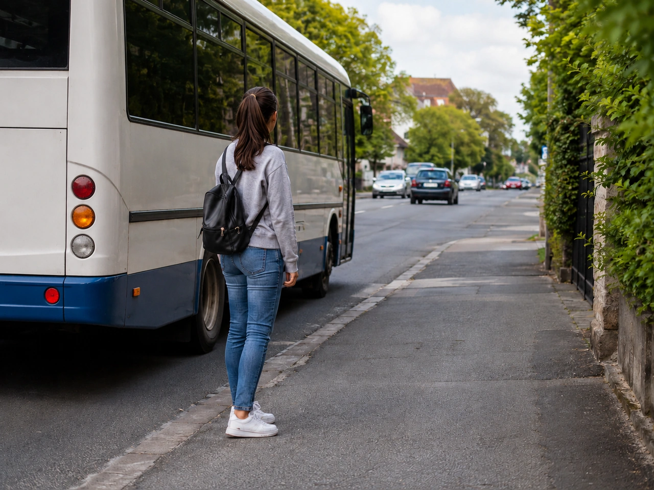 What should you do before crossing behind a bus or large vehicle?