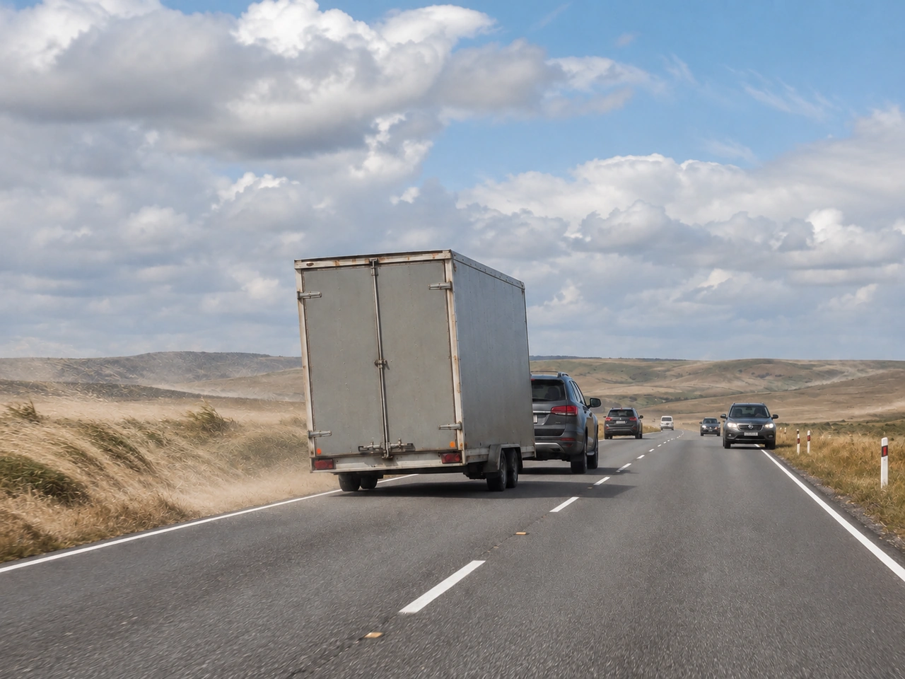 How can strong crosswinds affect a vehicle towing a trailer?