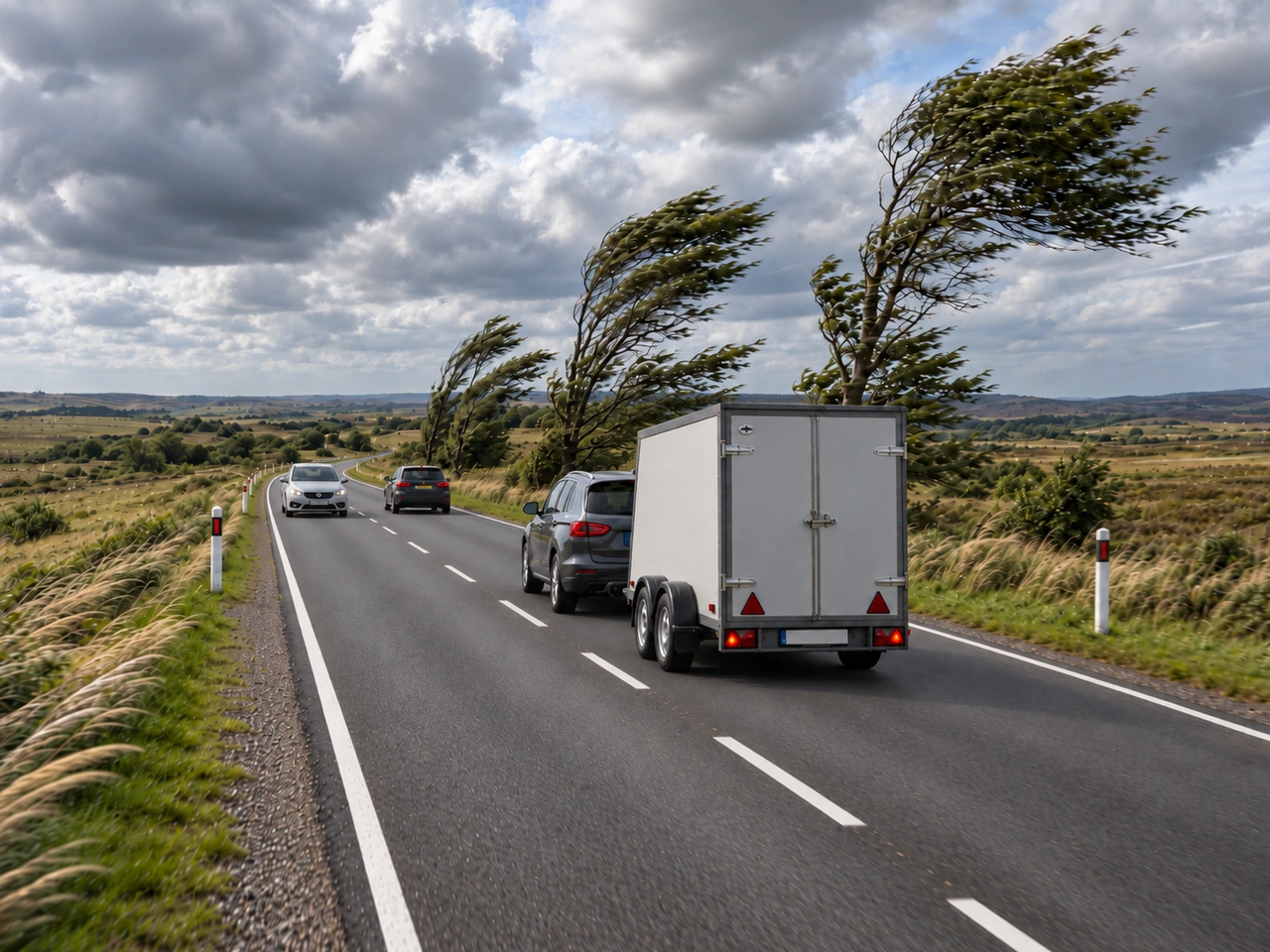 How can strong crosswinds affect a vehicle towing a trailer?