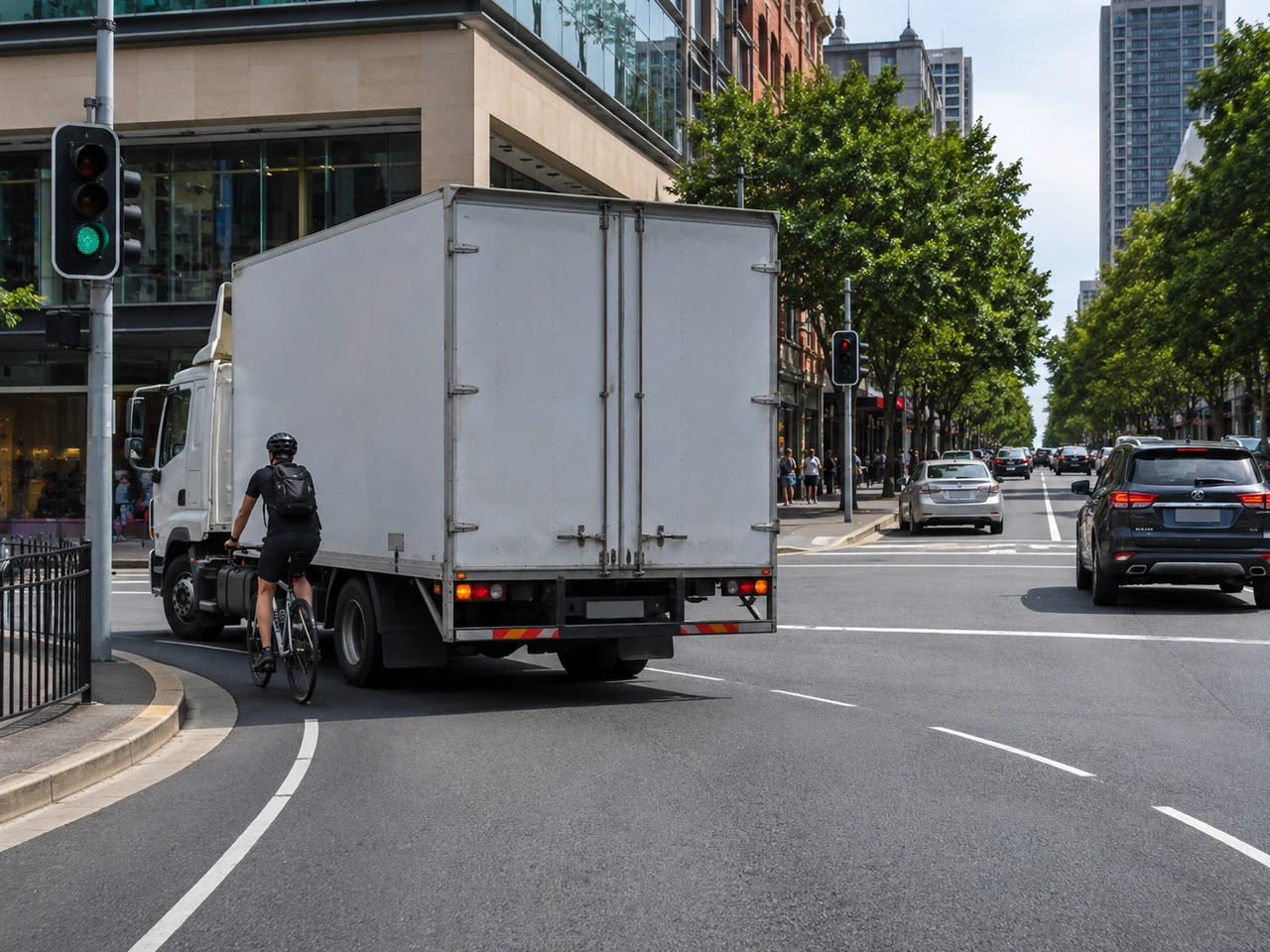 Why should cyclists avoid riding in a large vehicle's blind spot?