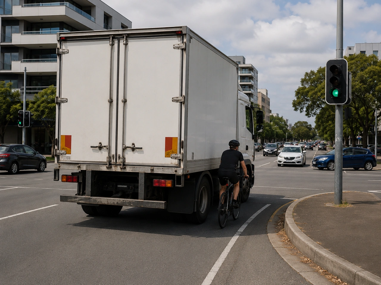 Why should cyclists avoid riding in a large vehicle's blind spot?
