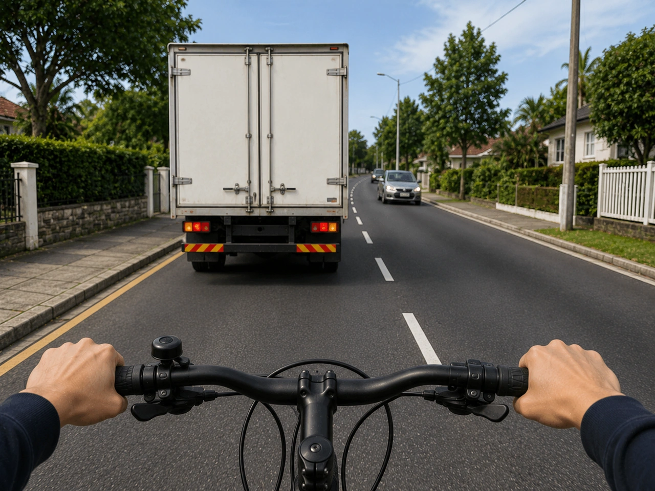What should cyclists do near a large vehicle that may be turning?
