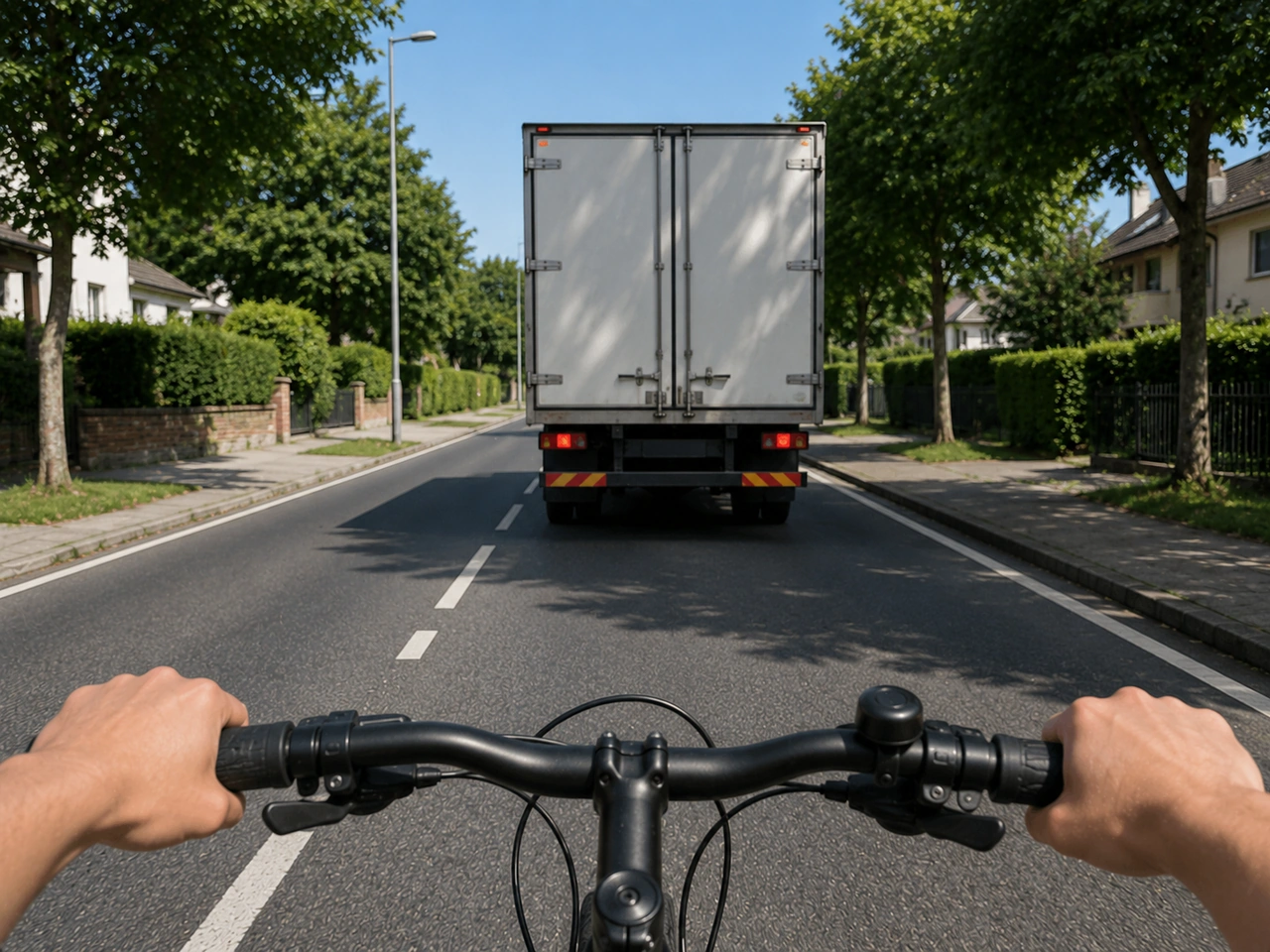 What should cyclists do near a large vehicle that may be turning?