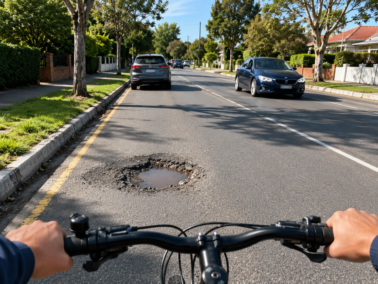 How should a cyclist react to a pothole?